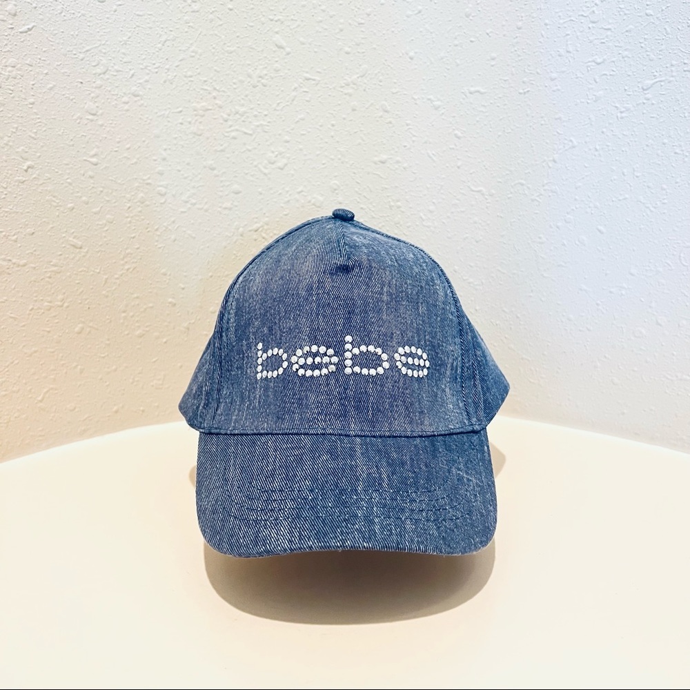 BEBE Sport Rhinestud Logo Blue Washed Denim Baseball Hat OS NWT